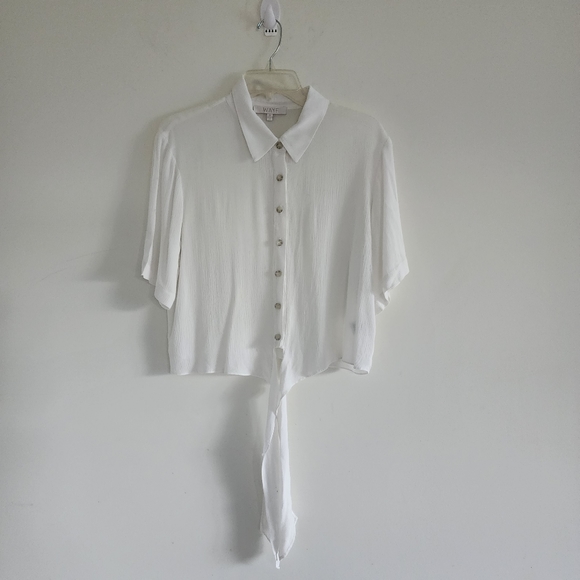 WAYF White Collared Button Front Bottom Tie Short Sleeve Shirt Size Med - Picture 3 of 6